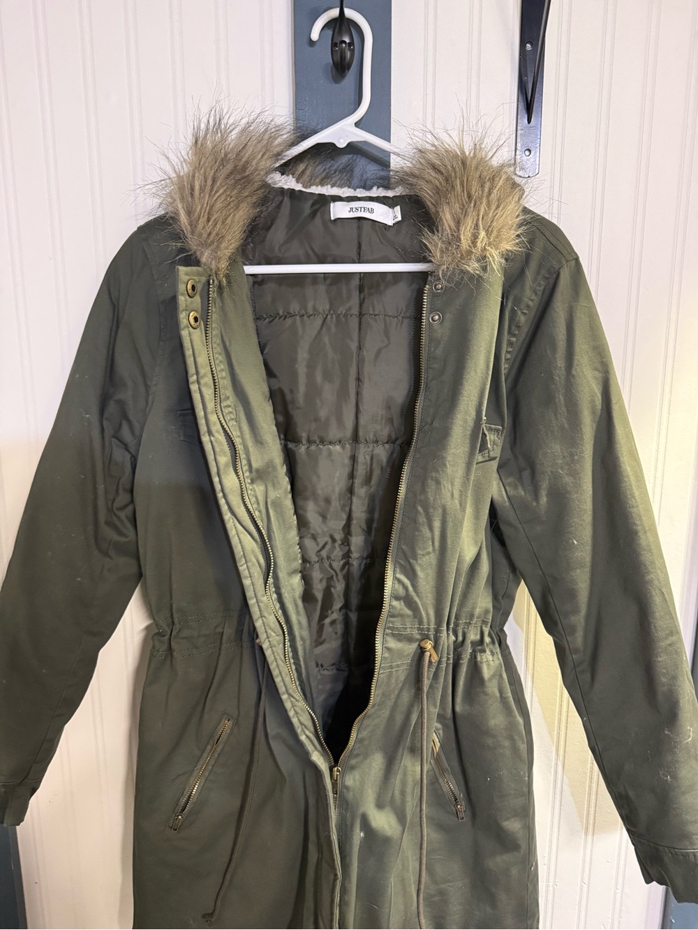 JustFab Olive Green Utility Parka with Faux-Fur Hood
